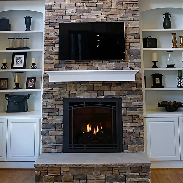 Gas firplace with stone wall