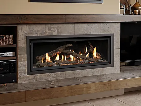 Modern gas fireplace with realistic log set