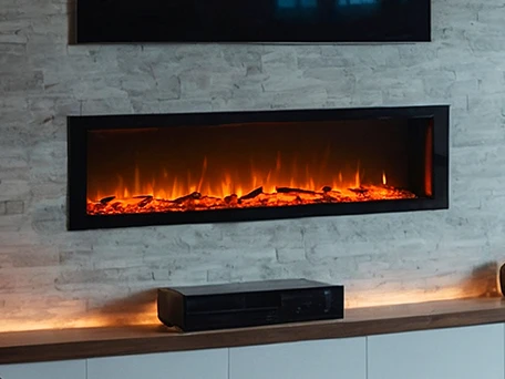 Spacious living room with hardwood floors, fireplace, and leather furniture..