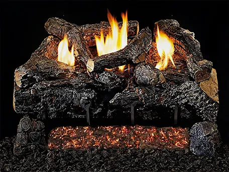 Gas fireplace log set with realistic flames and glowing embers.