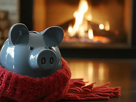 Gray piggy bank wrapped in a red scarf with a fire in a fireplace in the background