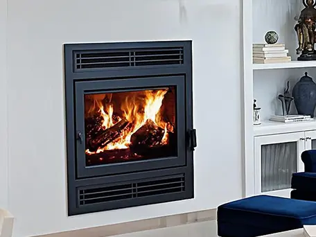 Modern living room with a contemporary wood-burning fireplace.