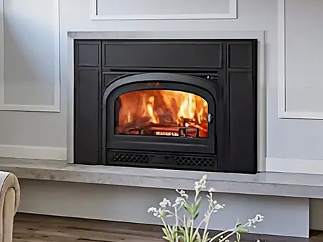 Black wood-burning fireplace with arched glass door and glowing fire