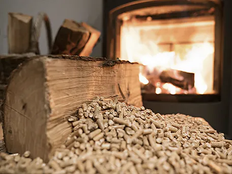Wood logs and pellets with a wood burning fireplace in the background